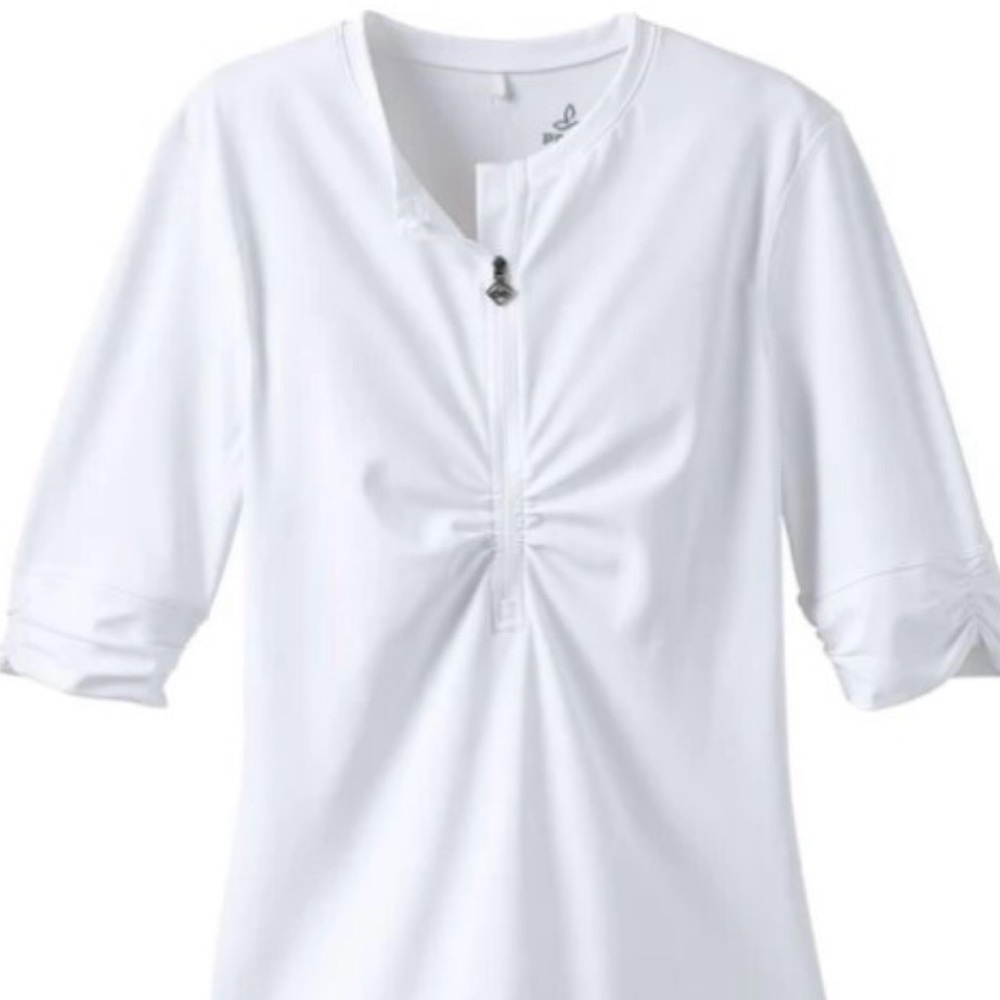 Prana White 3/4 Sleeve Henley with Ruched Front